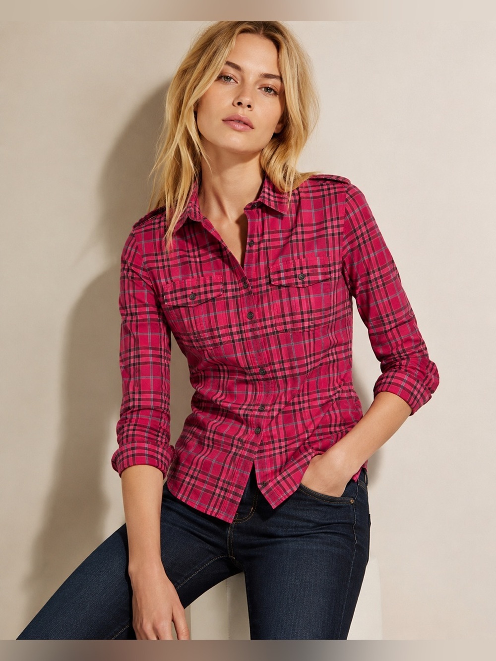 Burberry Brit Pink Plaid Button Down Shirt Stretch Preppy Feminine Small